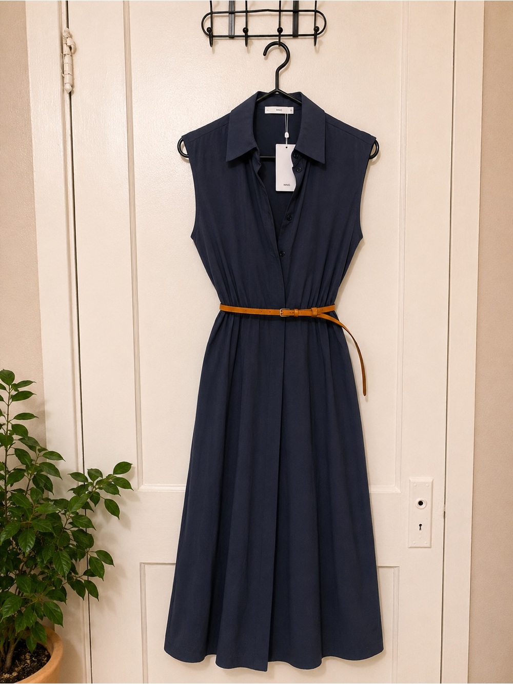 Mango Navy Sleeveless Collared Midi Dress with Tan Belt